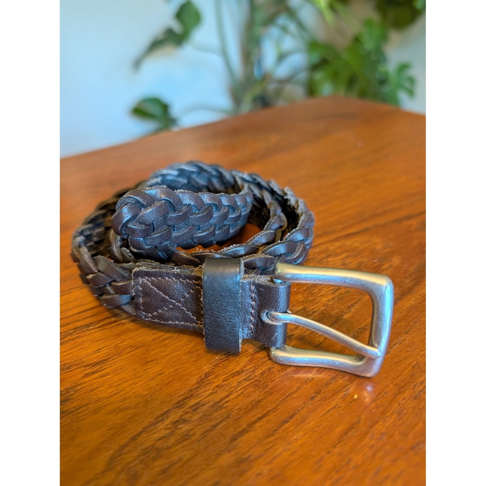 Vintage‎ Dark Brown Braided Leather Belt Woven Silver Buckle 33.5 Inch
